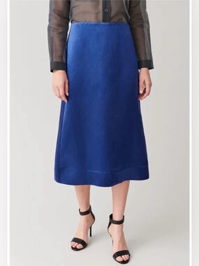 COS Mulberry Silk Midi Slip Skirt Royal Blue Satin A Line Side Zip
